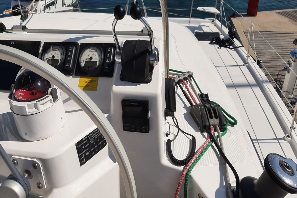 Cockpit of INSEAME, a Bali Catspace catamaran at La Favière, France