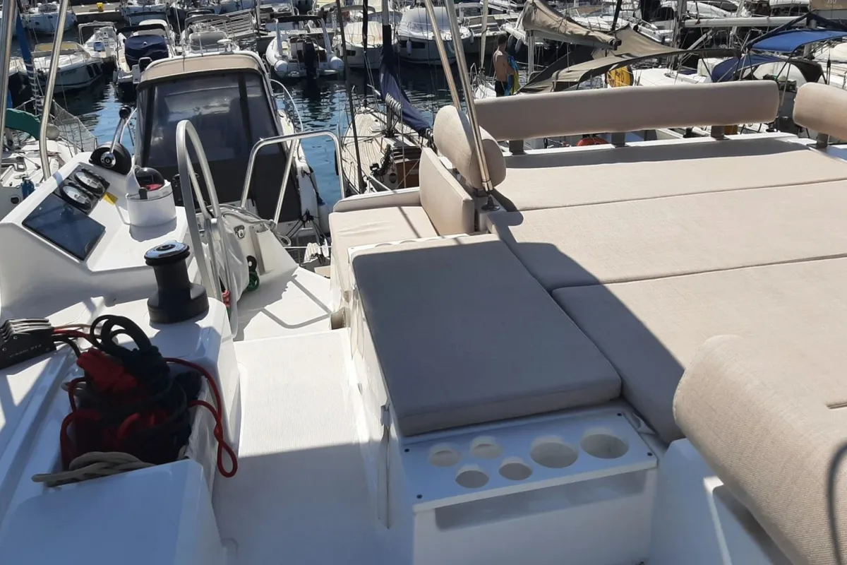Deck of INSEAME, a Bali Catspace catamaran at La Favière, France