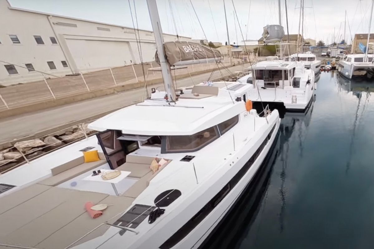 Exterior view of Persona Grata, a Bali 4.2 catamaran at Gouvia, Greece