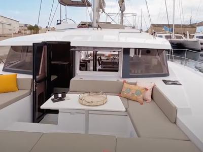 Deck of Persona Grata, a Bali 4.2 catamaran at Gouvia, Greece