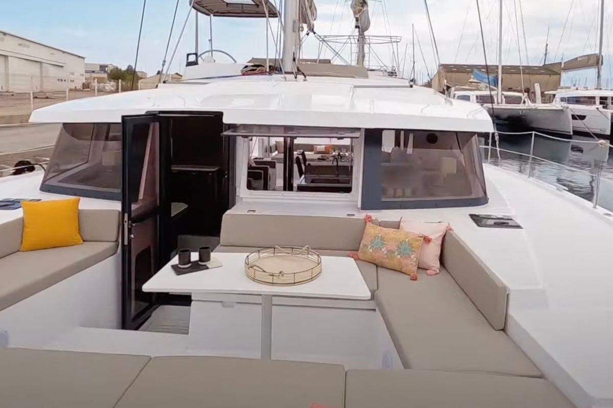 Deck of Persona Grata, a Bali 4.2 catamaran at Gouvia, Greece