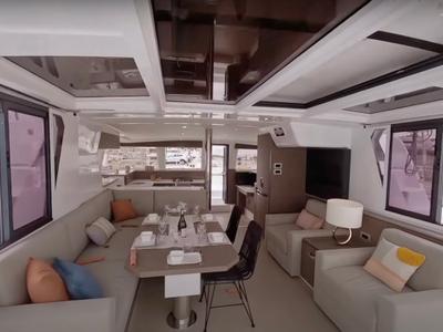 Salon of Persona Grata, a Bali 4.2 catamaran at Gouvia, Greece
