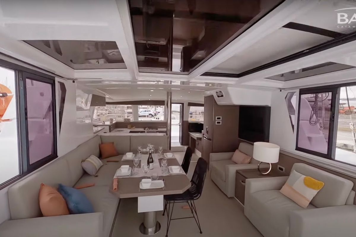 Salon of Persona Grata, a Bali 4.2 catamaran at Gouvia, Greece