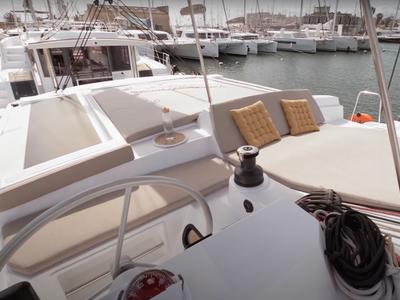 Cockpit of Persona Grata, a Bali 4.2 catamaran at Gouvia, Greece