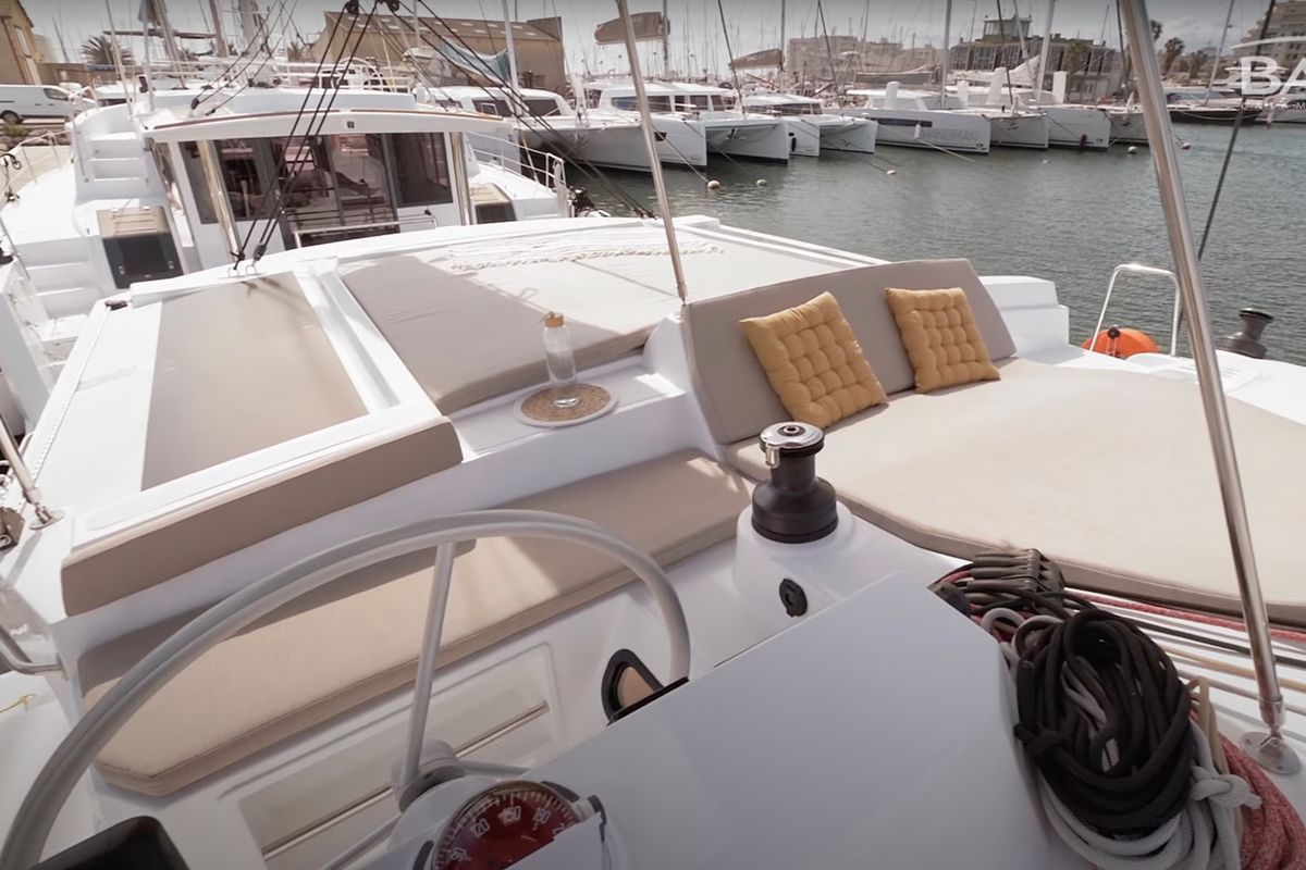 Cockpit of Persona Grata, a Bali 4.2 catamaran at Gouvia, Greece
