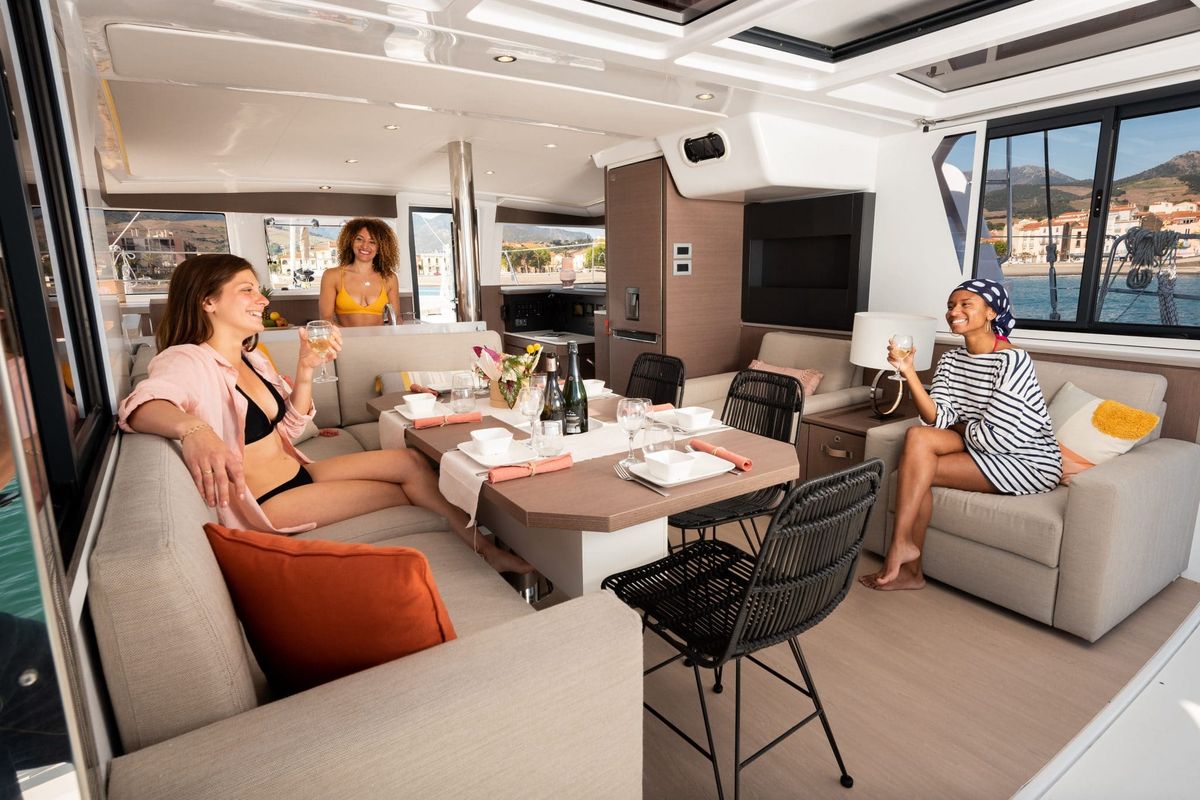 Salon of Persona Grata, a Bali 4.2 catamaran at Gouvia, Greece