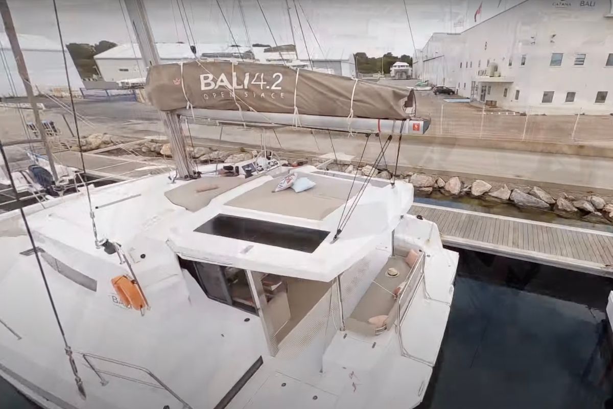 Exterior view of Persona Grata, a Bali 4.2 catamaran at Gouvia, Greece