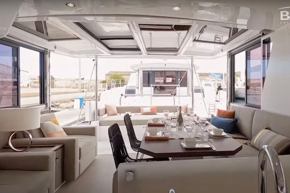 Salon of Persona Grata, a Bali 4.2 catamaran at Gouvia, Greece
