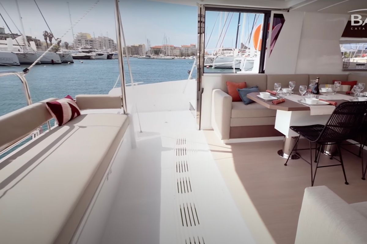 Deck of Persona Grata, a Bali 4.2 catamaran at Gouvia, Greece