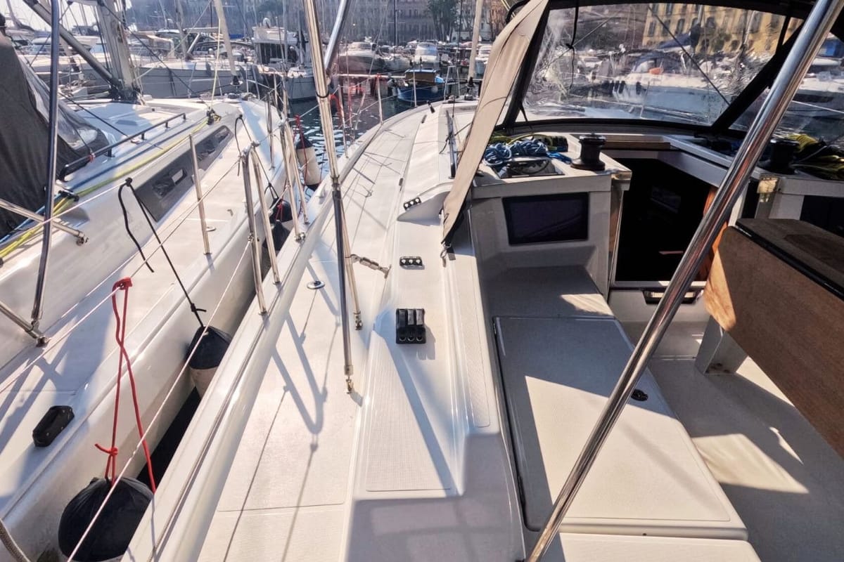 Deck of Amaco, a Dufour 44 sailboat at Palermo, Italy