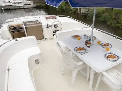 Deck of Grand Classique, a Gulet Grand Classique motorboat at Rheinsberg, Germany