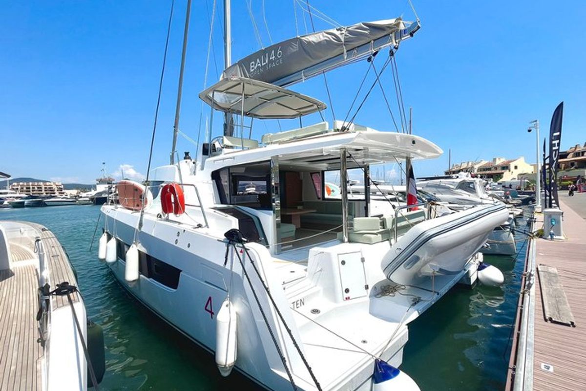 Exterior view of Ten, a Bali 4.6 catamaran at Ajaccio, France