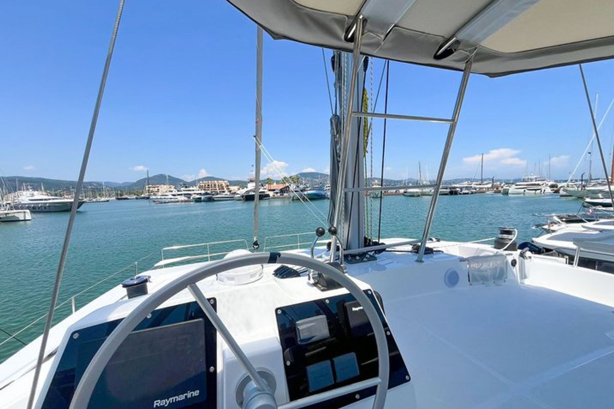 Cockpit of Ten, a Bali 4.6 catamaran at Ajaccio, France