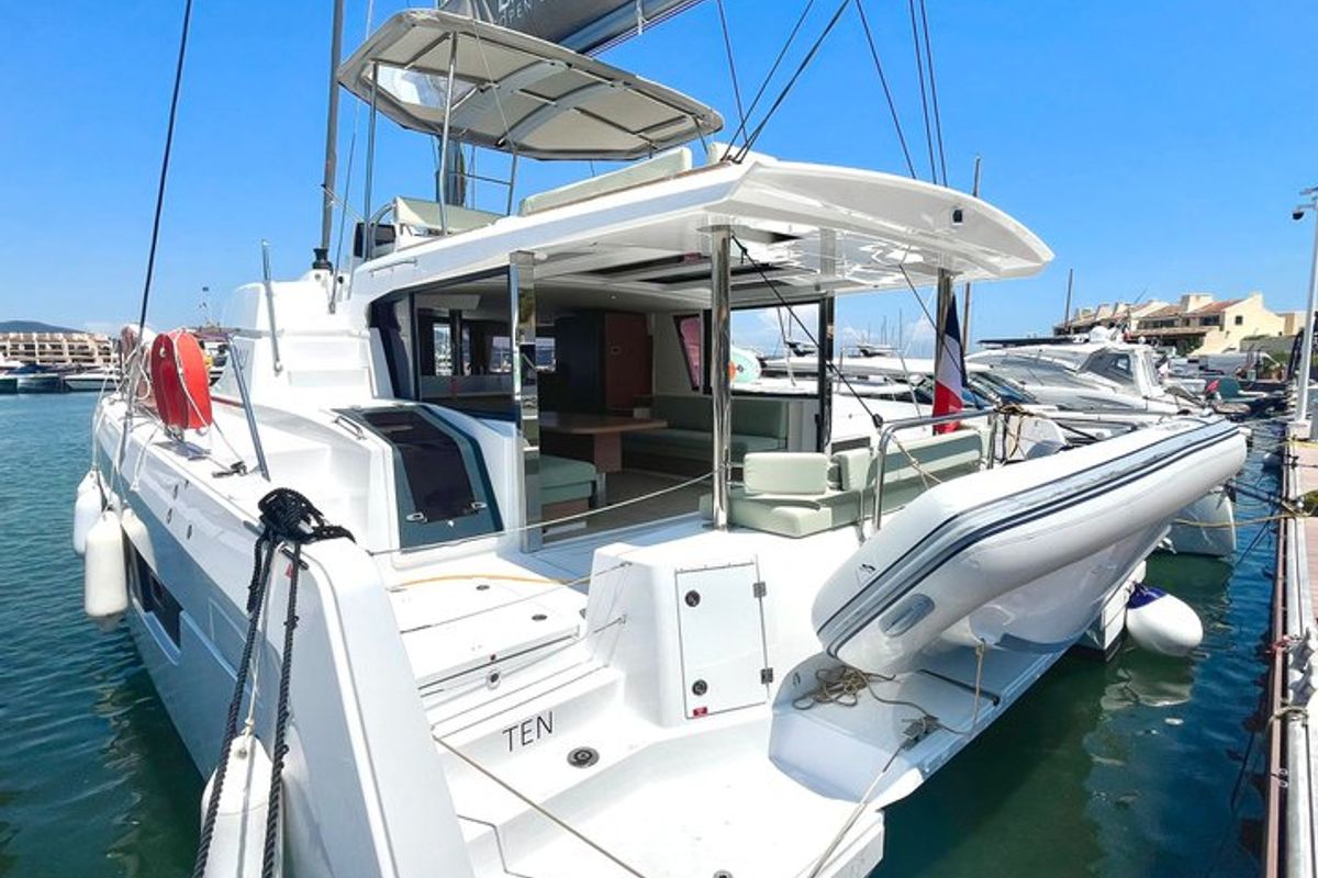 Exterior view of Ten, a Bali 4.6 catamaran at Ajaccio, France