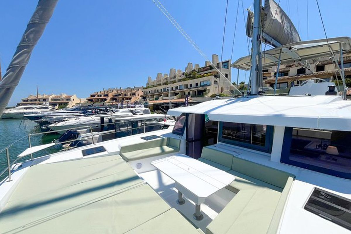 Deck of Ten, a Bali 4.6 catamaran at Ajaccio, France