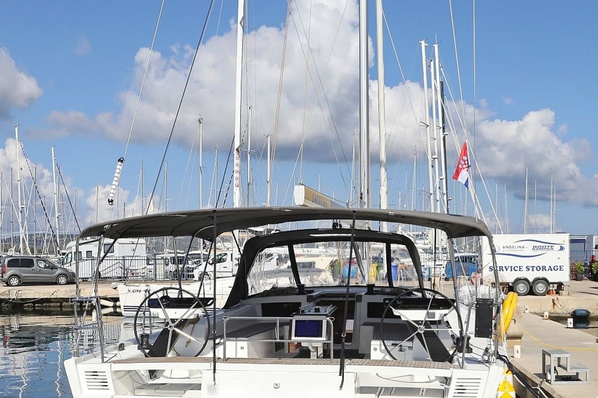 Exterior view of Graceful Dancer, a Dufour 530 sailboat at Grad Trogir, Croatia