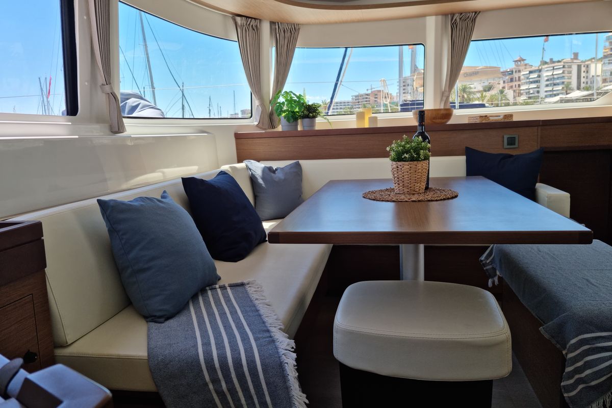 Salon of Amanaci, a Lagoon 46 catamaran at Palma de Mallorca, Spain