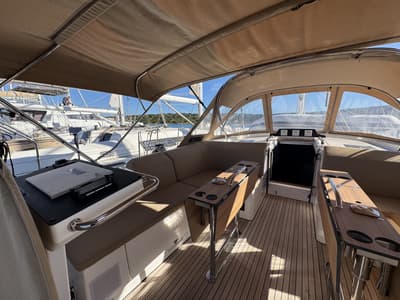 Cockpit of Sacuri, a Bavaria 46 Cruiser sailboat at Figari/Golfo Aranci, Italy