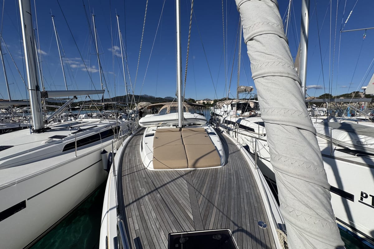 Exterior view of Sacuri, a Bavaria 46 Cruiser sailboat at Figari/Golfo Aranci, Italy