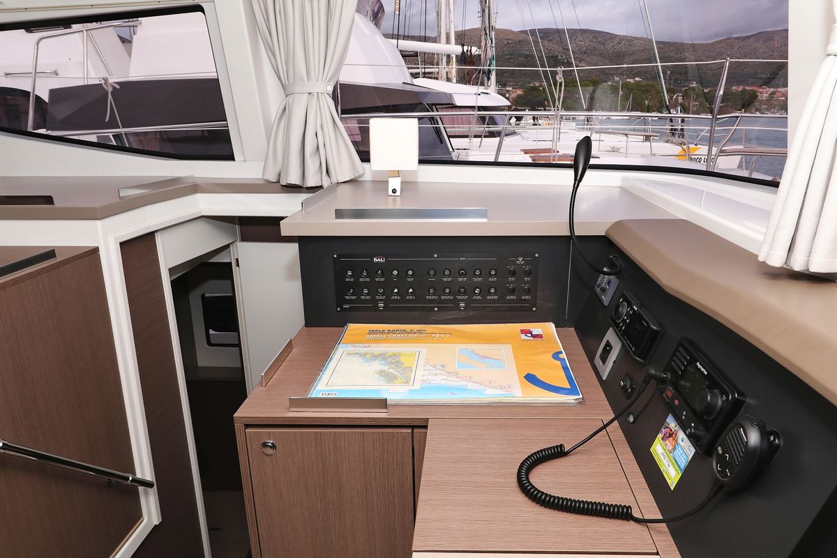 Cockpit of Titan, a Bali 4.8 catamaran at Grad Trogir, Croatia