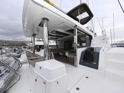 Deck of Titan, a Bali 4.8 catamaran at Grad Trogir, Croatia