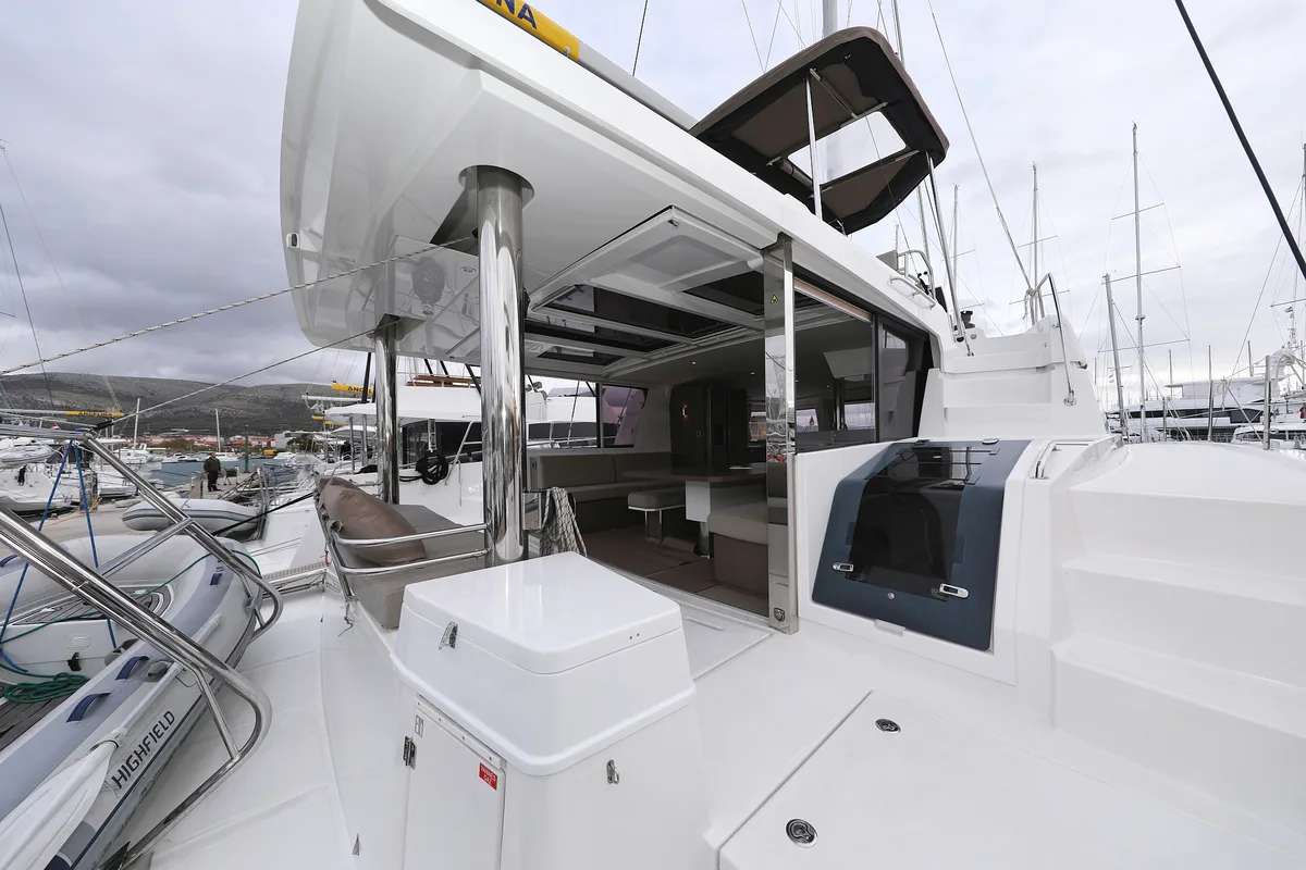 Deck of Titan, a Bali 4.8 catamaran at Grad Trogir, Croatia