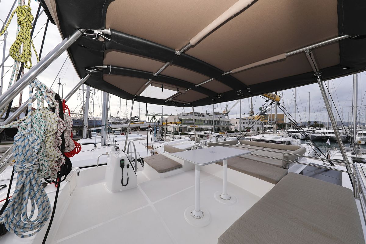 Cockpit of Titan, a Bali 4.8 catamaran at Grad Trogir, Croatia
