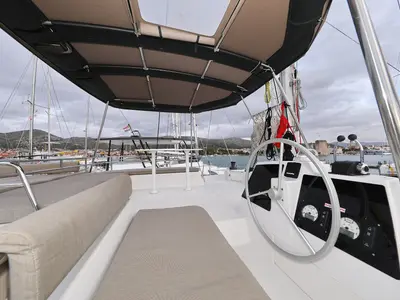 Cockpit of Titan, a Bali 4.8 catamaran at Grad Trogir, Croatia