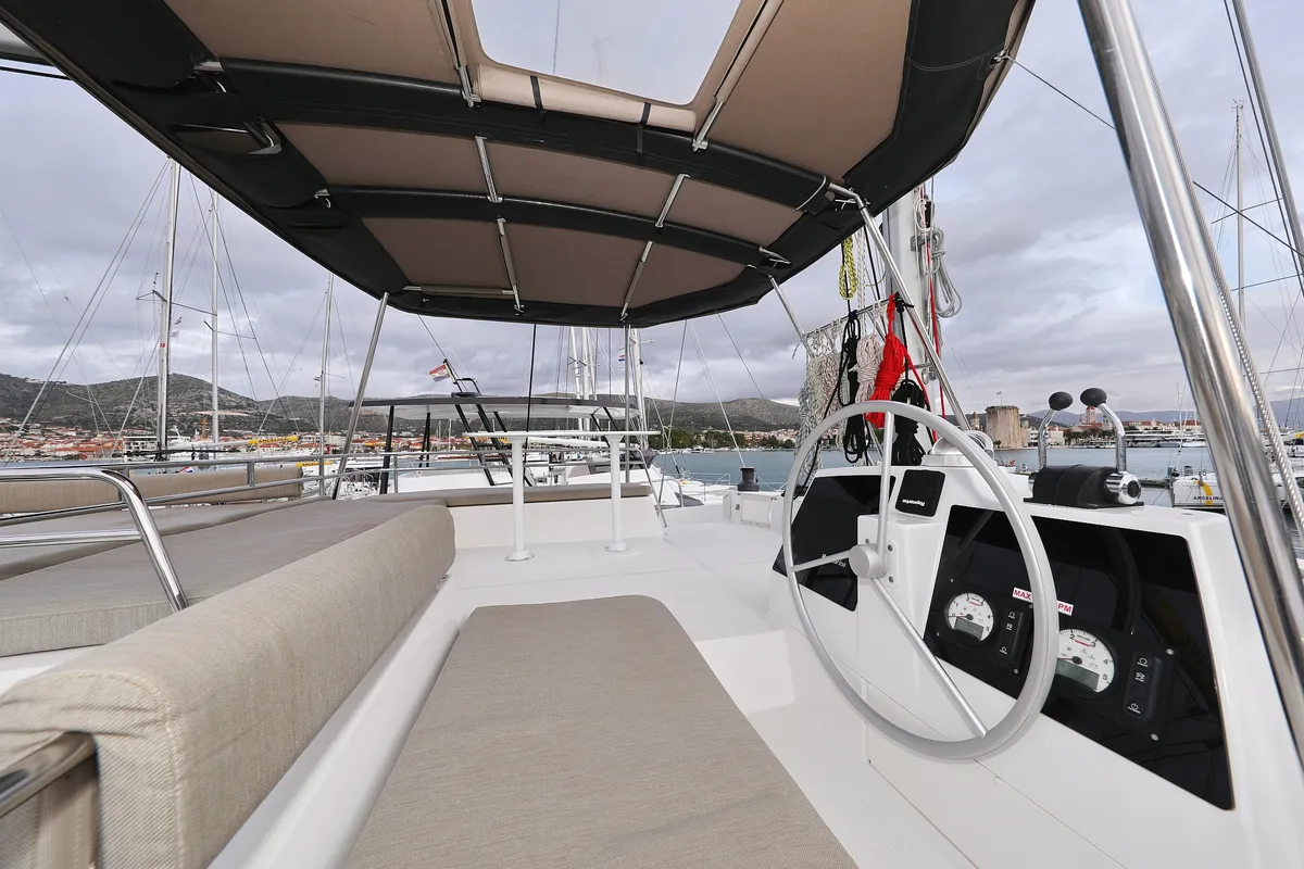 Cockpit of Titan, a Bali 4.8 catamaran at Grad Trogir, Croatia
