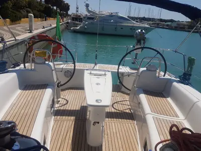 Cockpit of Myron, a Beneteau Oceanis 46 sailboat at Pisticci, Italy