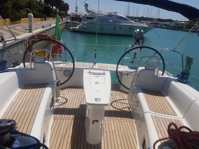 Cockpit of Myron, a Beneteau Oceanis 46 sailboat at Pisticci, Italy