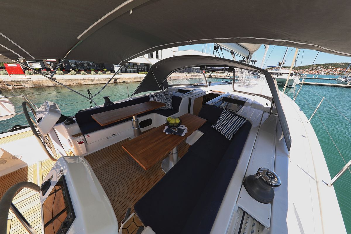Cockpit of Charlabelle - OW, a Hanse Yachts Hanse 508 sailboat at Seget Donji, Croatia
