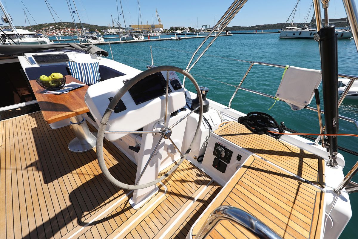 Cockpit of Charlabelle - OW, a Hanse Yachts Hanse 508 sailboat at Seget Donji, Croatia