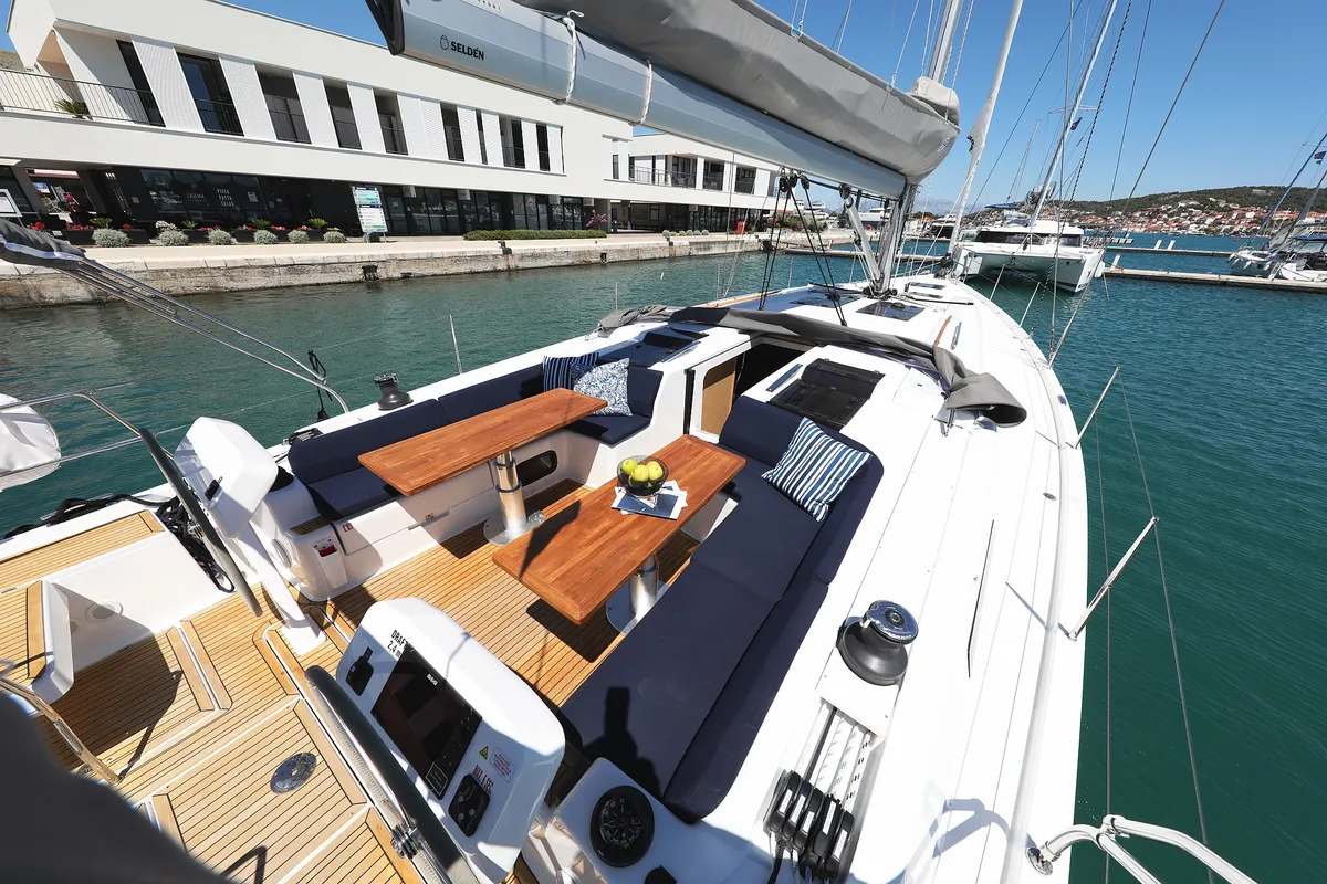Deck of Charlabelle - OW, a Hanse Yachts Hanse 508 sailboat at Seget Donji, Croatia