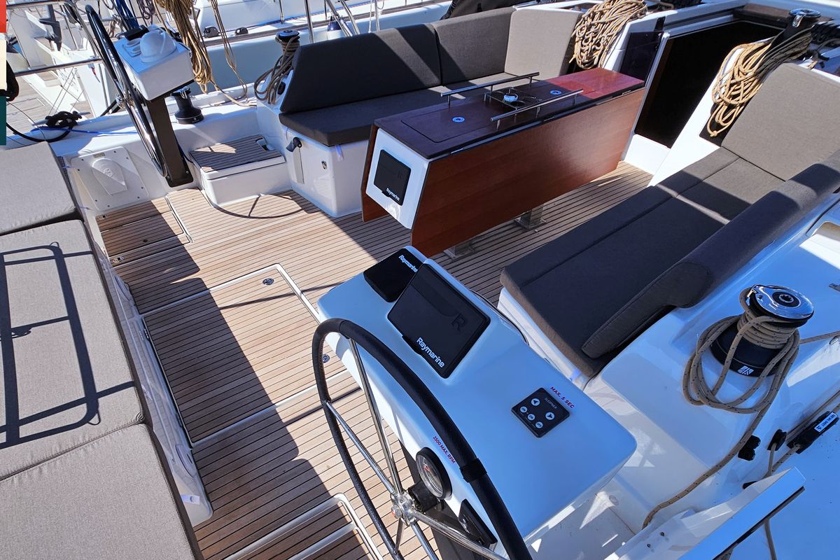 Deck of Pavana, a Dufour 470 sailboat at Općina Rogoznica, Croatia