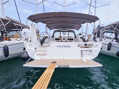 Deck of Pavana, a Dufour 470 sailboat at Općina Rogoznica, Croatia