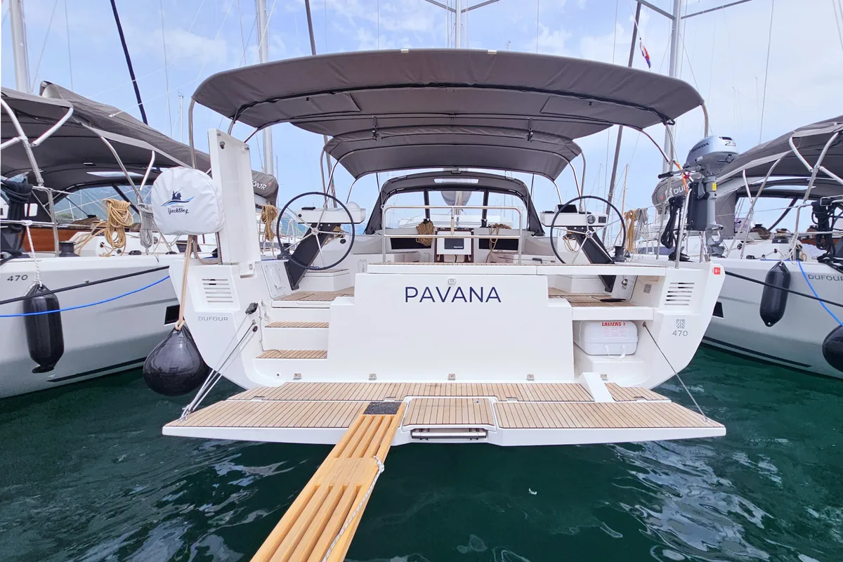 Deck of Pavana, a Dufour 470 sailboat at Općina Rogoznica, Croatia