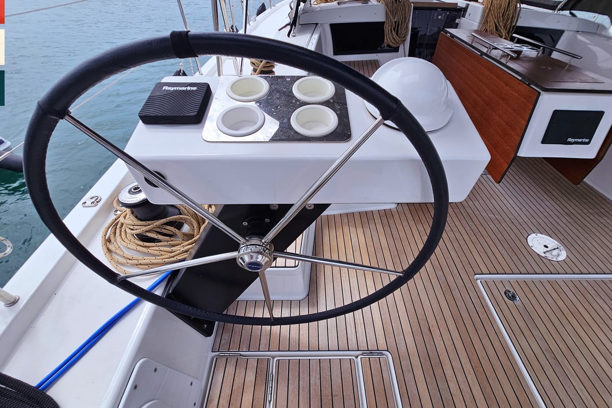 Cockpit of Pavana, a Dufour 470 sailboat at Općina Rogoznica, Croatia