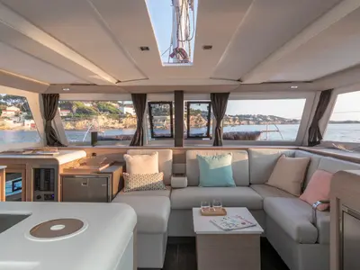 Salon of LUNADOR, a Fountaine Pajot Isla 40 catamaran at Propriano, France
