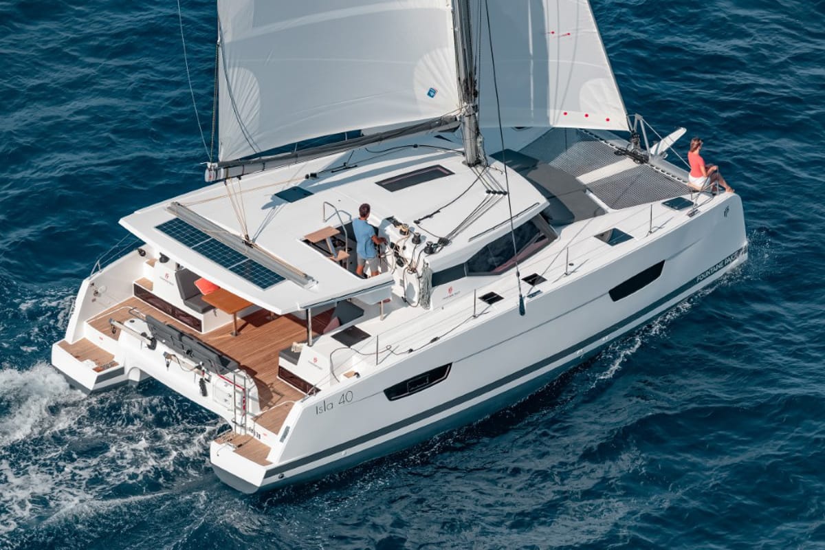 Exterior view of LUNADOR, a Fountaine Pajot Isla 40 catamaran at Propriano, France