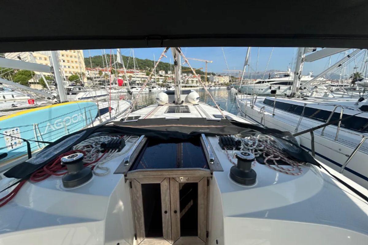 Deck of Šiljo, a Bavaria Cruiser 46 sailboat at Split, Croatia