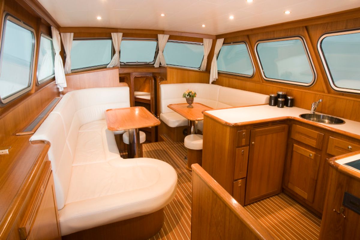 Salon of Drait 61, a De Drait Impression 1400 motorboat at Drachten, Netherlands