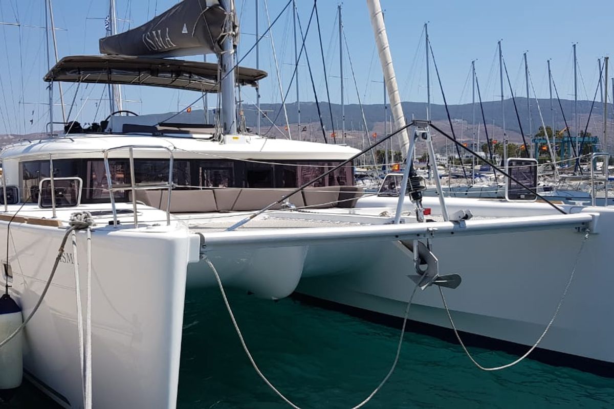 Exterior view of ISMA, a Lagoon 450 Fly catamaran at Municipal Unit of Lefkada, Greece
