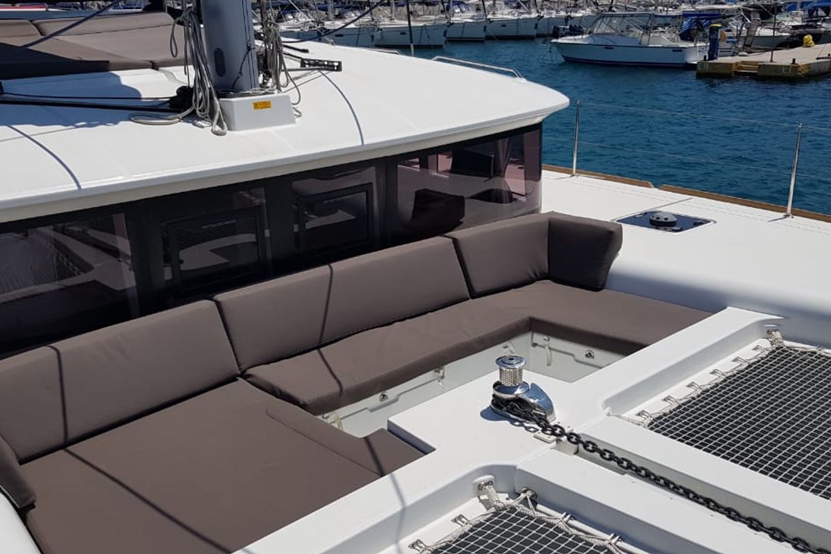 Deck of ISMA, a Lagoon 450 Fly catamaran at Municipal Unit of Lefkada, Greece