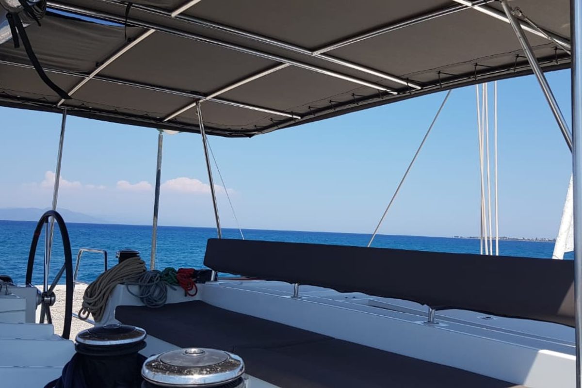 Cockpit of ISMA, a Lagoon 450 Fly catamaran at Municipal Unit of Lefkada, Greece