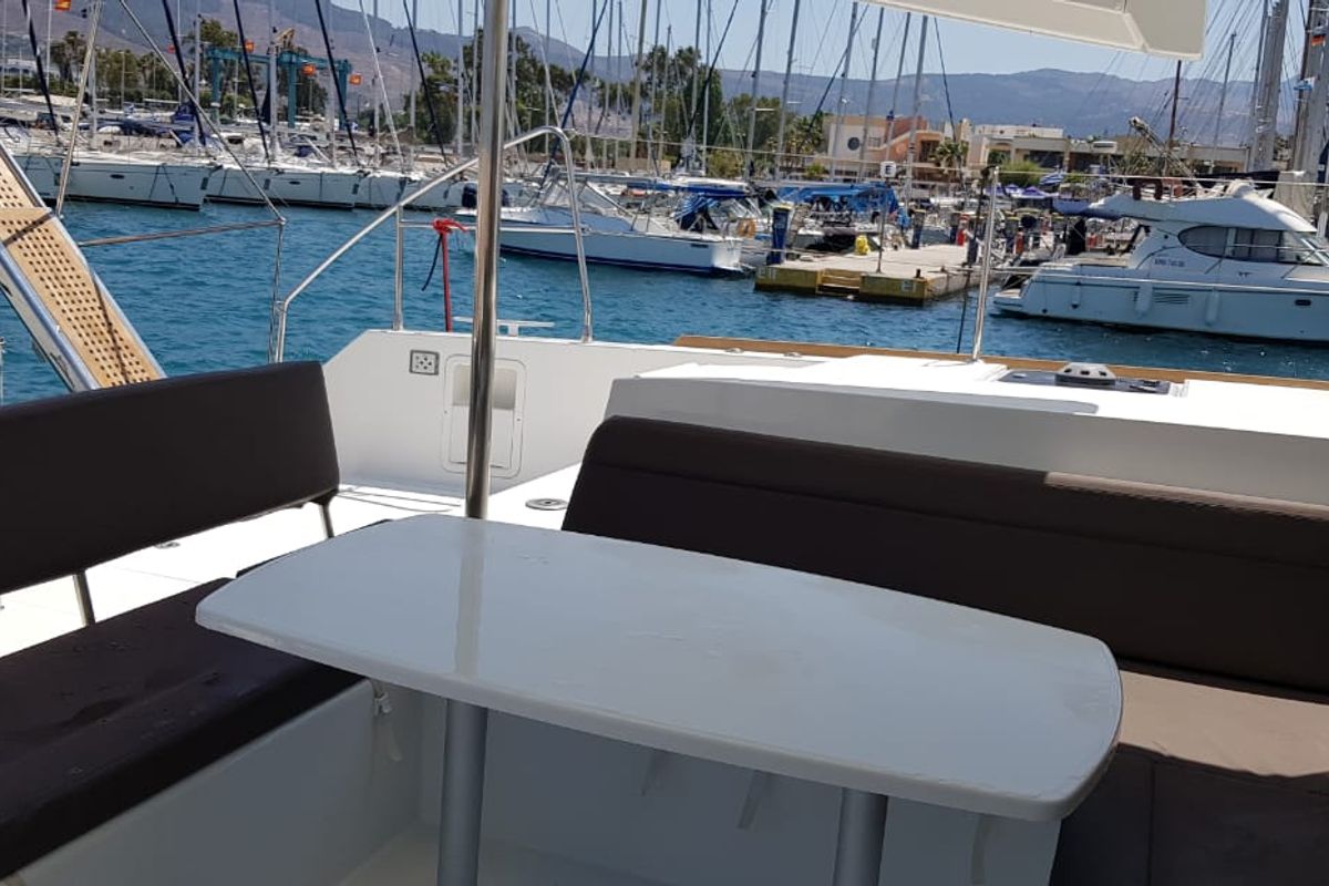 Deck of ISMA, a Lagoon 450 Fly catamaran at Municipal Unit of Lefkada, Greece