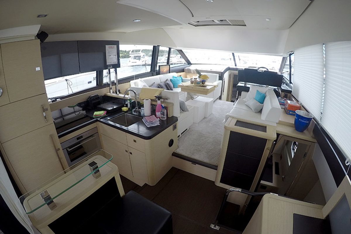 Galley of Serendipity, a Jeanneau Prestige 500 Fly yacht at Grad Šibenik, Croatia