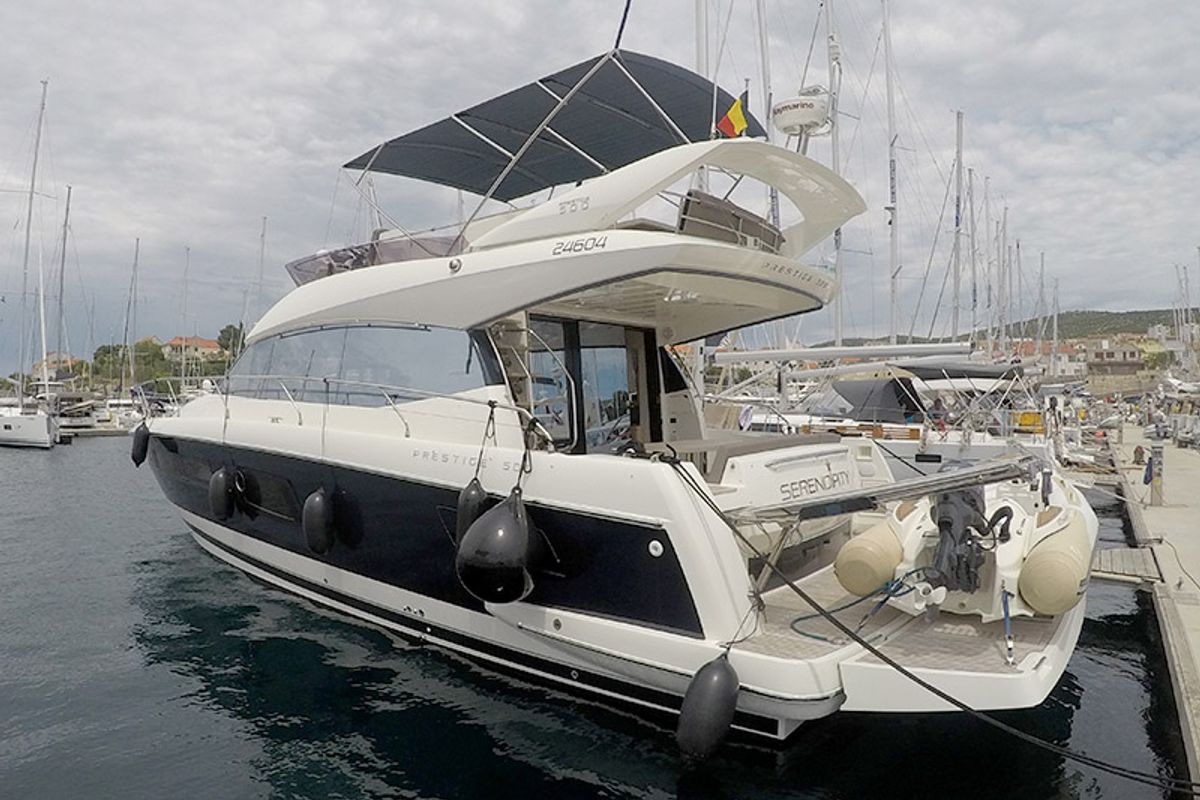 Exterior view of Serendipity, a Jeanneau Prestige 500 Fly yacht at Grad Šibenik, Croatia