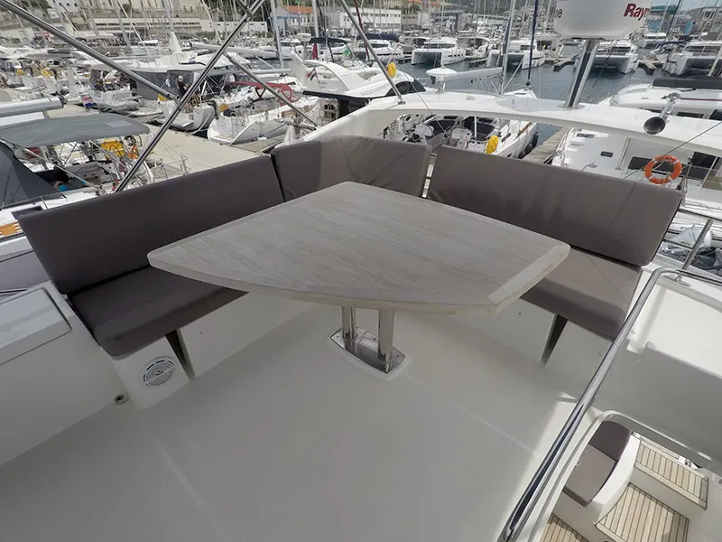 Deck of Serendipity, a Jeanneau Prestige 500 Fly yacht at Grad Šibenik, Croatia