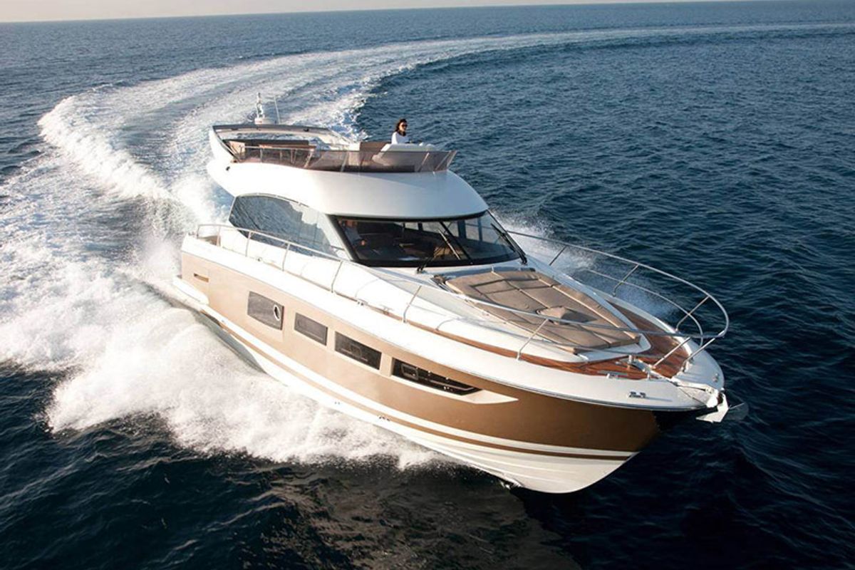 Exterior view of Serendipity, a Jeanneau Prestige 500 Fly yacht at Grad Šibenik, Croatia